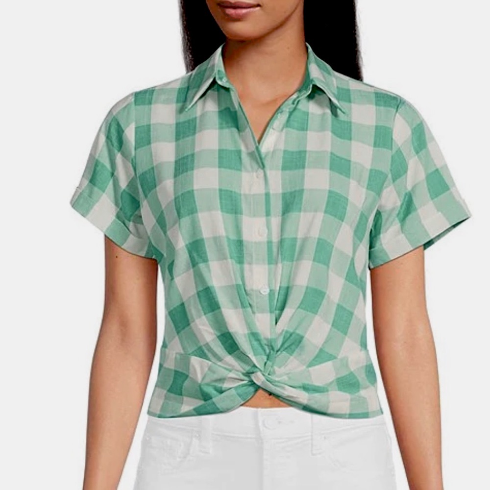 SALE NWT Skies Are Blue Plaid Short Sleeve Button Collar Twist Hem Shirt